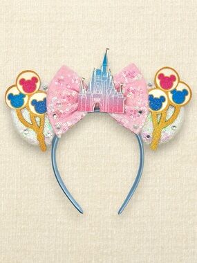 White Sequin Pastel Castle & Balloons Minnie Ears | Disney-Inspired Mouse Ears